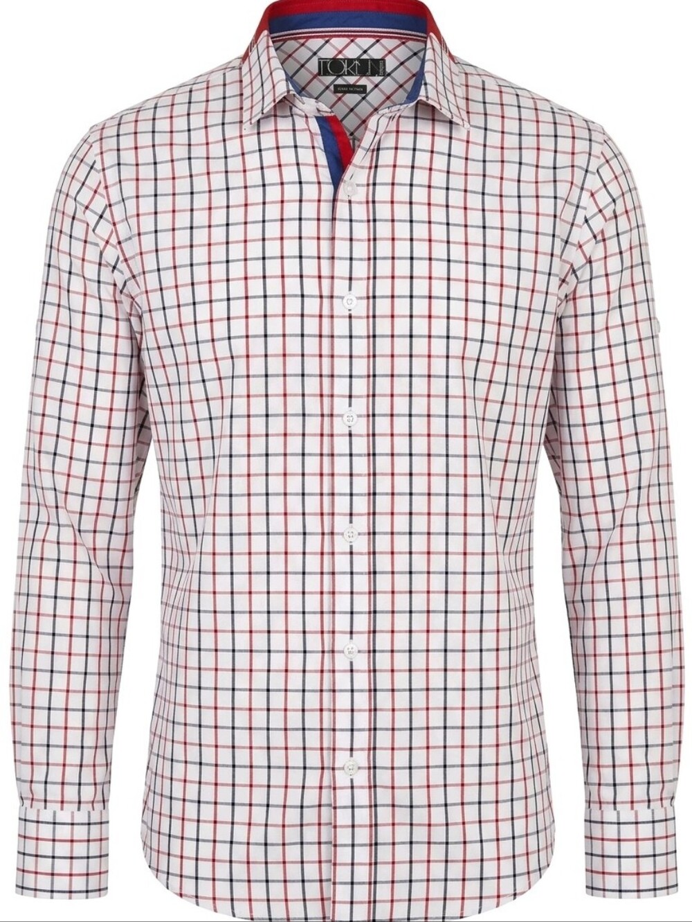 Toku Men's White Check Button-Down Shirt with Red and Blue Windowpane